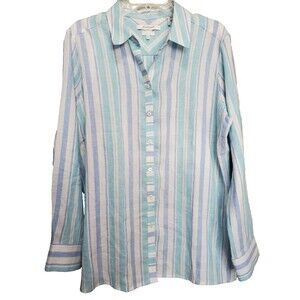 Foxcroft Easy Care Relaxed Linen Blue Striped Long Sleeve Button-Up Tunic Sz 16